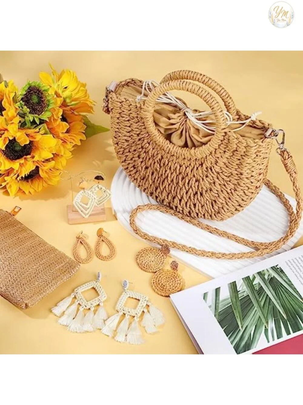 Woven Rattan Straw Clutch Purse with Earrings Set Boho Beach Vacation